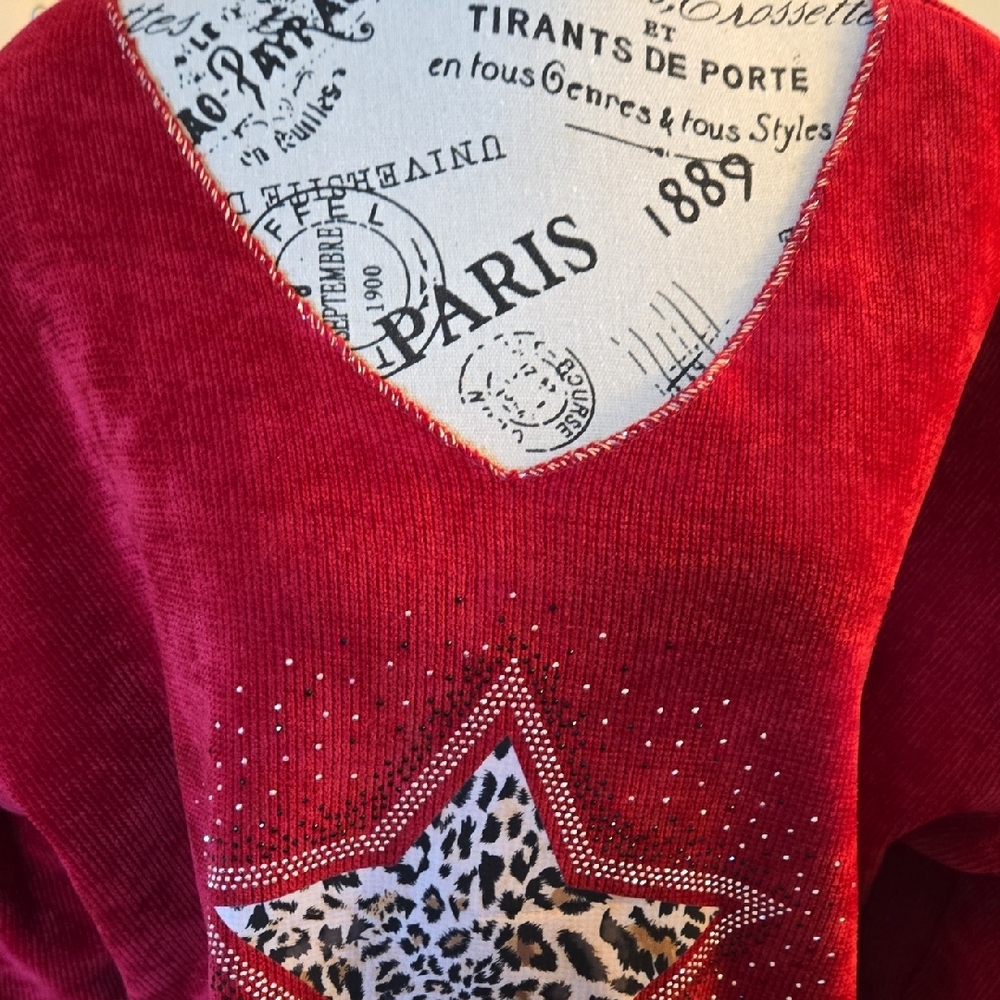 New Ruby Red Sweater Leopard Star Embellished With Bling. From Shop Evelynne - Picture 4 of 8